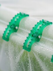 Macro Shot Capturing Green Plastic Clips on a Wet, Covered Structure