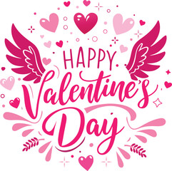 A beautiful pink illustration for a happy Valentine's Day celebration with hearts and wings.