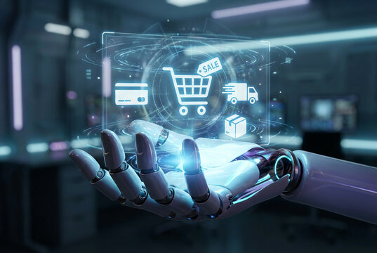 Robotic hand presents a holographic e-commerce interface: shopping cart, payment, delivery icons. Symbolizes AI, automation, and the future of online retail - Powered by Adobe