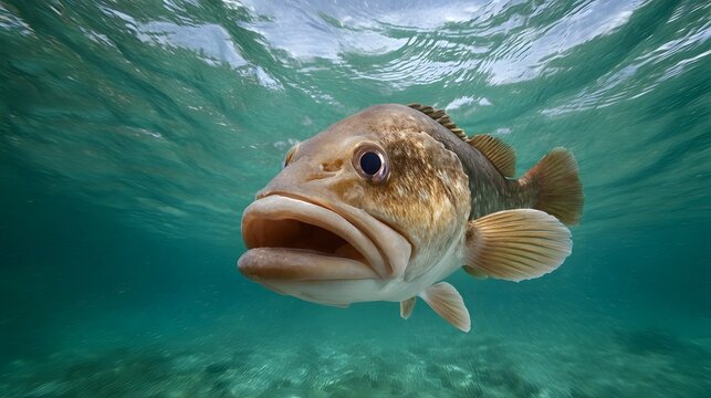 A close up of a curious fish with its mouth open swimming in clear turquoise ocean water