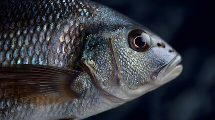 Close up of a marine fish s head with iridescent silver scales catching the light