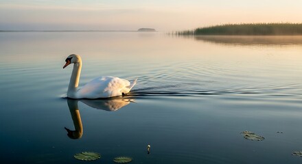 Majestic swan gliding on the tranquil lake during the golden hour light