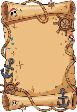 Pirate Treasure Map Scroll Frame with Anchor and Skull Cartoon Vector. Old Parchment Pirate Scroll Background. Treasure Map Parchment Frame with Pirate Symbols and Nautical Icons. 