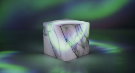 Marble textured cube with northern lights ambiance background studio shot
