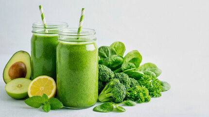 Green smoothies with fresh vegetables, fruits, and mint leaves