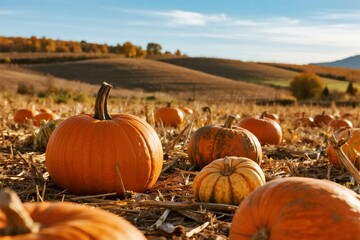 Pumpkins scattered across a harvested field under a clear autumn sky