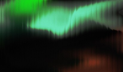 Abstract background of green waves in the dark sparkling with striped effect. Refraction of wavy striped glass.