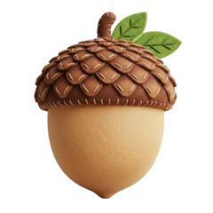 A large brown acorn with green leaves on top, isolated on a Transparent background, a single decorative nut with a stem and two leaves, detailed texture