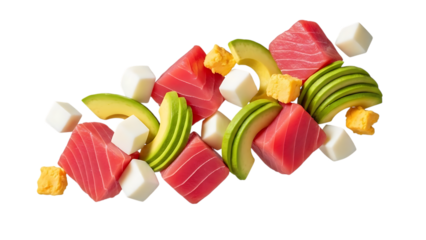 Flying sashimi pieces with avocado and wasabi on white transparent background