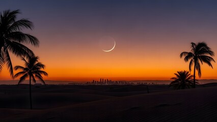 Sunset over palm trees with crescent moon