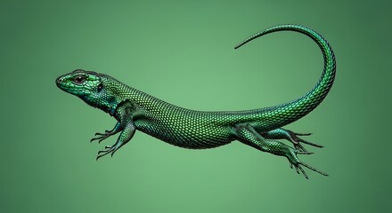 Fototapeta premium Emerald Lizard Leaping - A Vibrant Green Reptile in Motion.