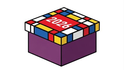 Vibrant 2026 Gift Box with Colorful Geometric Lid Design.