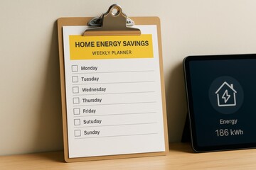 Home energy savings weekly planner on clipboard next to energy monitoring tablet on wooden table with light wall background in creative setup. Ai generative