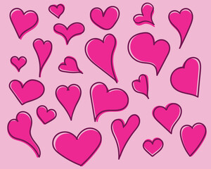 Sweet heart set with cute pink hand drawn shapes Cute pink hearts for Valentine designs. Playful heart background with hand drawn love shapes