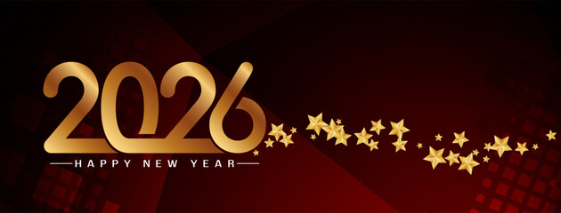 Happy new year 2026 golden text and stars banner design
