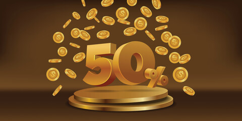 Geometric gold podium with fifty percent discount number , coins falling, for product display background