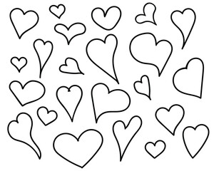 Outline heart clipart set isolated on transparent background. Hand drawn heart outline clipart in black on transparent