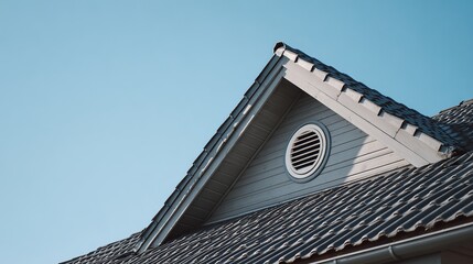Close-up of traditional roof with circular vent under clear blue sky