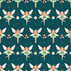 Seamless fairy pattern with dancing fairies and flowers. Cute fairy seamless pattern on dark background with blossoms. Fantasy fairy illustration seamless pattern for kids design