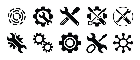 Collection of black mechanical tool and abstract circular patterns white gear wrench