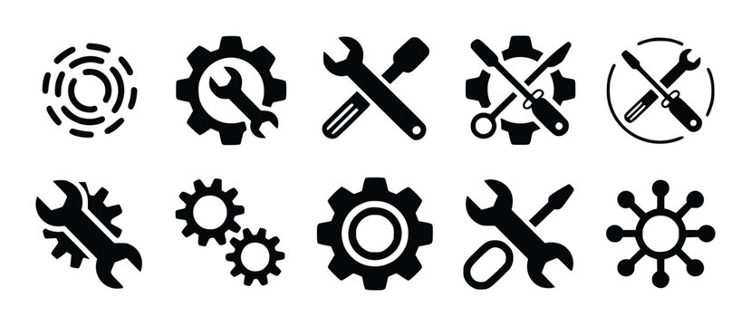 Collection of black mechanical tool and abstract circular patterns white gear wrench