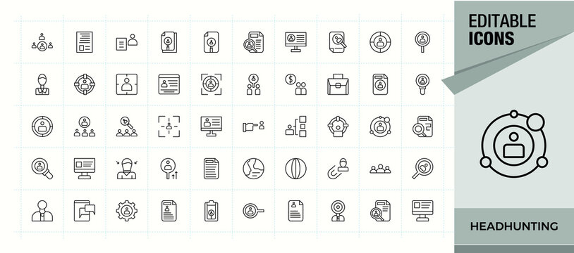 Headhunting icon set in linear style. Job icon set. Thin line icons set. Contain linear sign hiring, job, hunting, outsource, man, vacancy, career and more. Editable stroke. Pixel Perfect.