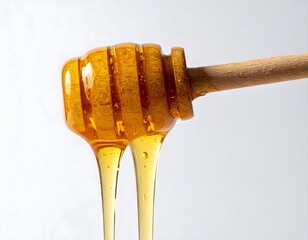 Wooden Honey Dipper with Flowing Golden Honey Stream Studio Shot
