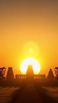 Ratha Saptami Background With Radiant Sun Disc and Temple Silhouettes at Sunrise
