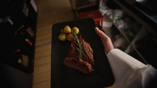POV shot of chef carrying plate with beef steak finished with rosemary in restaurant kitchen, dish garnished with golden baby potatoes, soft vignette effect