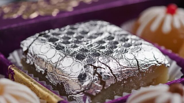 Close-up of a traditional Indian sweet bar covered in edible silver leaf nestled in a decorative purple gift box surrounded by other assorted sweets with golden and white frosting details a festive