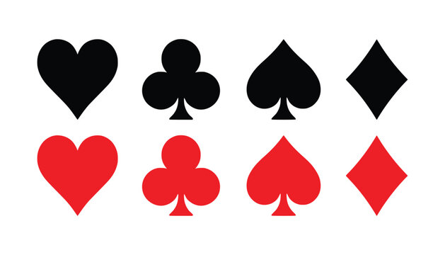 Set of red and black playing card suits illustration featuring hearts clubs spades and diamonds