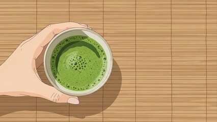 Hand holding a cup of vibrant green matcha tea on a bamboo mat, top-down view with copy space.