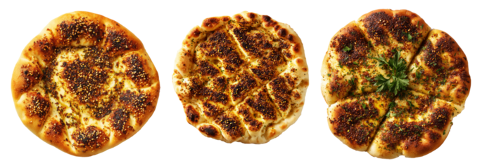 Manakish flatbreads bread slices topped with za'atar, cheese and sesame seeds, isolated on white transparent background