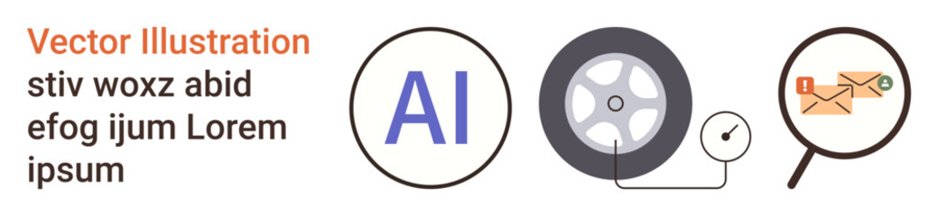 Obraz premium Artificial intelligence, digital innovation, automotive industry, technology integration, communication efficiency, data analysis. AI symbol, car wheel gauge, and magnifying glass analyzing emails