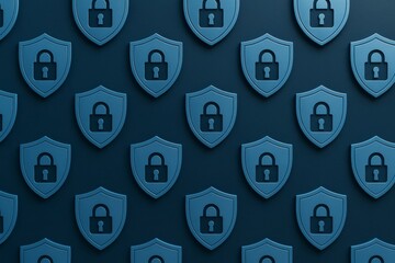 Blue shield icons with lock symbols forming a seamless pattern on a dark surface background representing data protection and cyber security concept. Ai generative