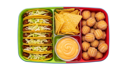 tacos with chips and cheese dip and churros in colorful tray transparent background
