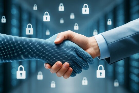 Human and digital hands shaking with security lock symbols on a futuristic technology background, symbolizing trust in cybersecurity concept. - Powered by Adobe