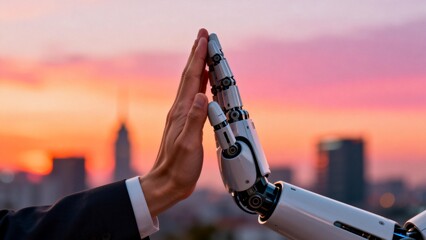Human hand and robotic arm high five