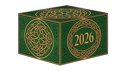 Green and Gold Celtic Knotwork Cube with 2026.