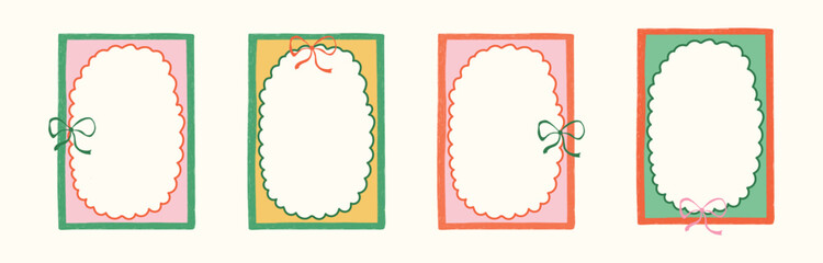 Hand Drawn xmas red, green, pink frame set with doodle bows, lace, ribbons. Coquette whimsical line borders for Merry Christmas, New Year, birthday, wedding, poster. Vintage minimalist vector illustra