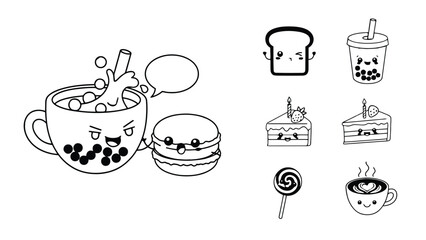 Cute cartoon desserts and drinks with happy faces and colorful sweet treats