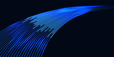 Futuristic technology concept featuring glowing blue and cyan fiber optic lines. Abstract illustration of high-speed data transfer, global networking, and digital connectivity on a dark background.