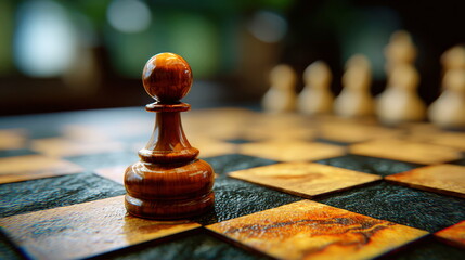business Close up of a single wooden pawn on a chess board with blurred pieces in the background business marketing visual content
