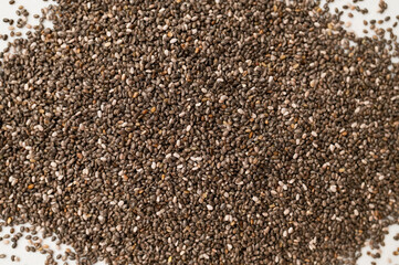 Chia seeds macro, texture. Food background, healthy eating concept, superfood. Dry organic chia seeds rich in omega-3, protein, vitamins and minerals. Chia seeds close up