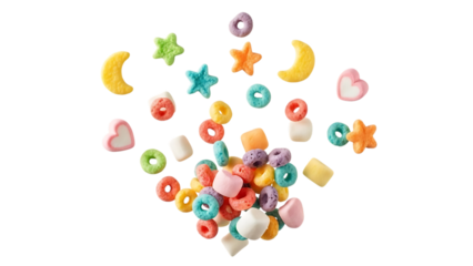colorful cereal pieces falling from above in various shapes transparent background