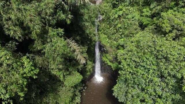 Aerial View of Juang Waterfall Hidden in Tropical Jungle, Java, Indonesia