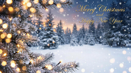 Winter background with snowflakes and blurred bokeh lights creating a festive atmosphere for Merry Christmas and Happy New Year greeting card with copy space, lights, bokeh