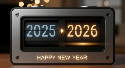 Close-up of a metallic flip clock displaying 2025 and 2026, representing time passage, change, and transition into a new year, New Year concept