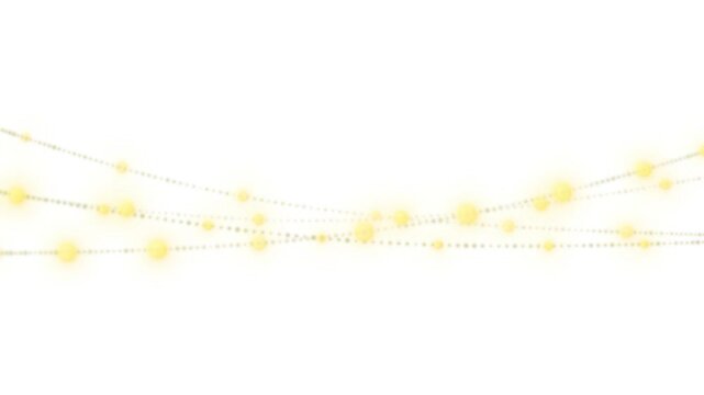 Golden bokeh string lights background with glowing article fairy lights isolated on transparent background.