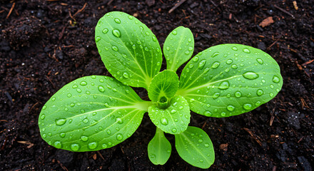 Green seedling with water droplets in dark soil plant